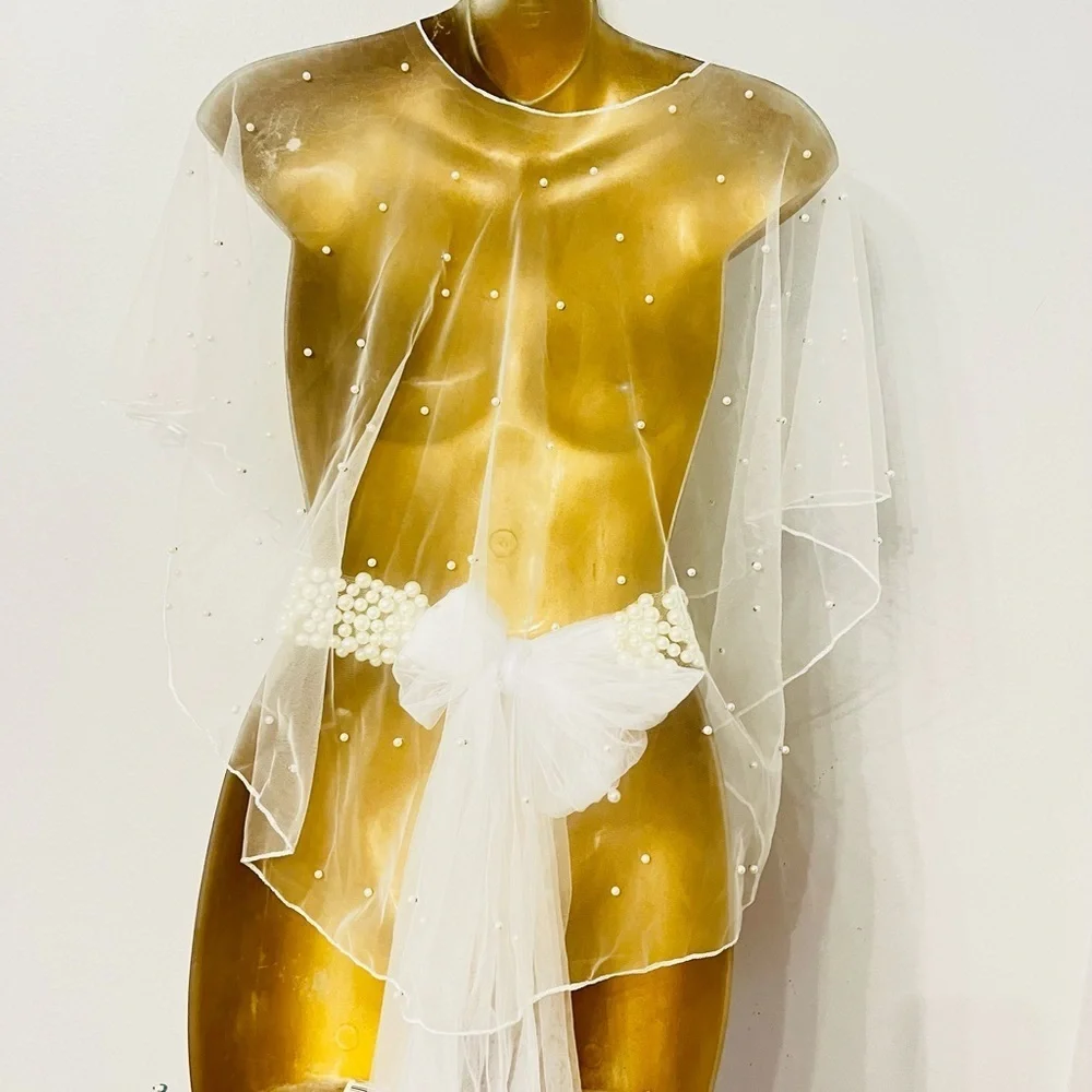 Anthropologie White sheer wedding bride tulle pearl cape cover up